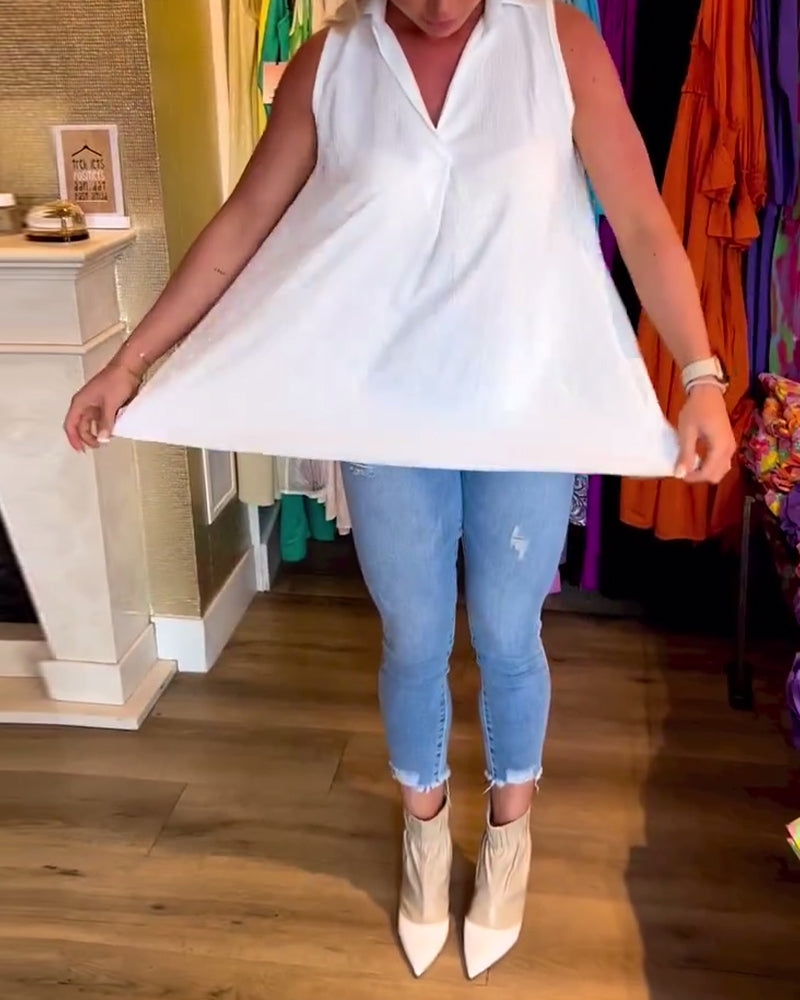 Aven Sleeveless Top with Ruffles and Lapels