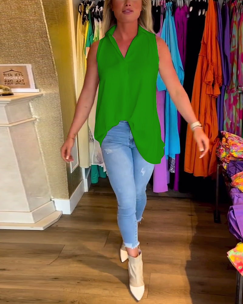 Aven Sleeveless Top with Ruffles and Lapels