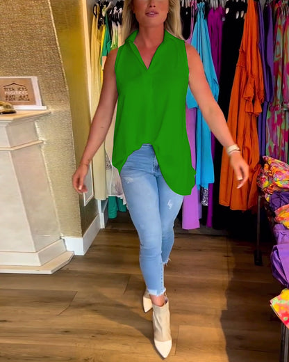 Aven Sleeveless Top with Ruffles and Lapels