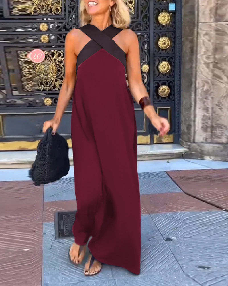 Melina Cross Halter Neck Sleeveless Stitching Dress