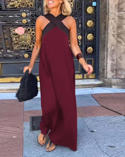 Melina Cross Halter Neck Sleeveless Stitching Dress