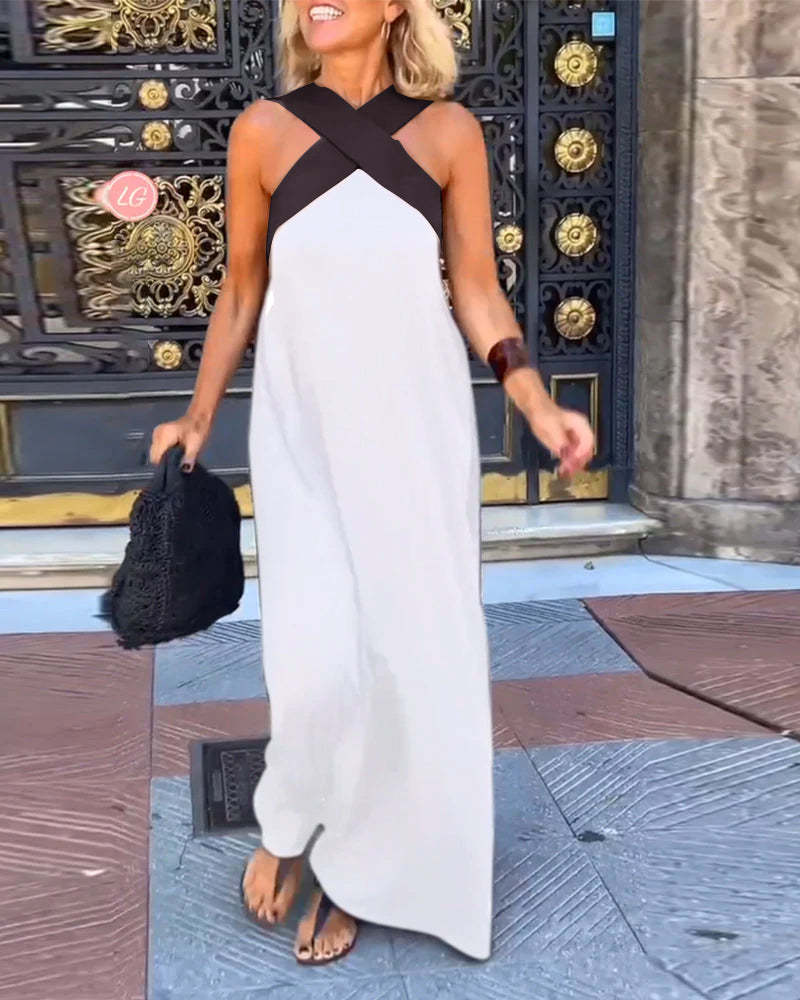 Melina Cross Halter Neck Sleeveless Stitching Dress