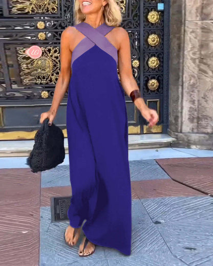Melina Cross Halter Neck Sleeveless Stitching Dress