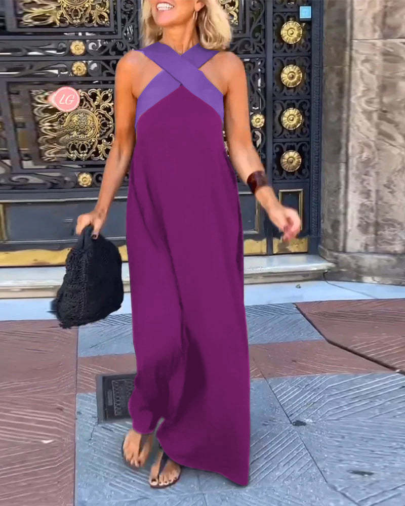 Melina Cross Halter Neck Sleeveless Stitching Dress