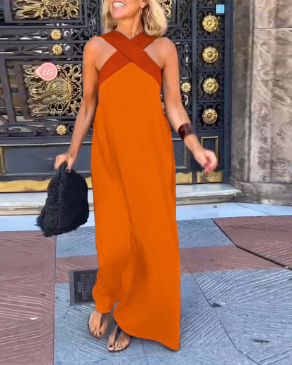 Melina Cross Halter Neck Sleeveless Stitching Dress