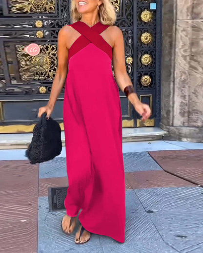 Melina Cross Halter Neck Sleeveless Stitching Dress