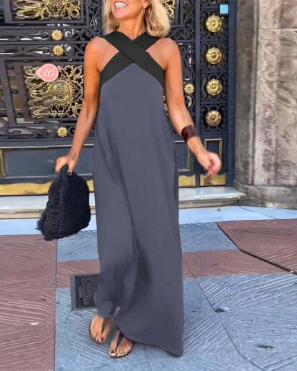 Melina Cross Halter Neck Sleeveless Stitching Dress
