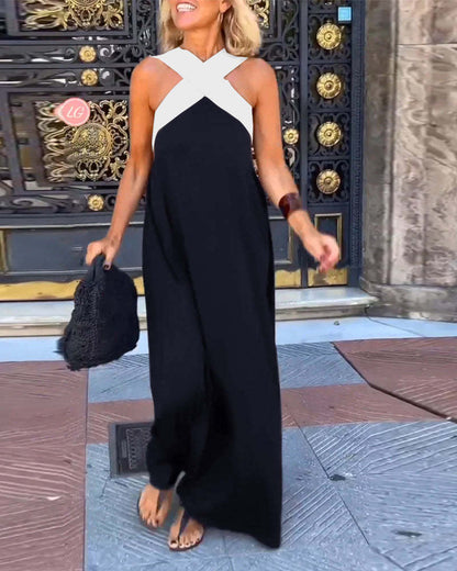 Melina Cross Halter Neck Sleeveless Stitching Dress