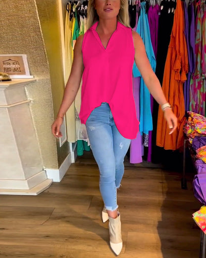 Aven Sleeveless Top with Ruffles and Lapels