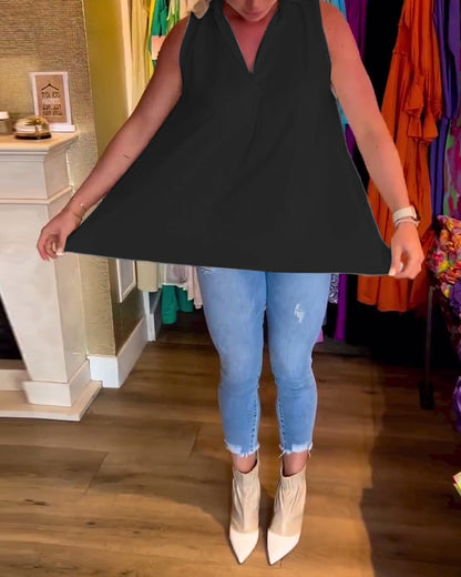Aven Sleeveless Top with Ruffles and Lapels