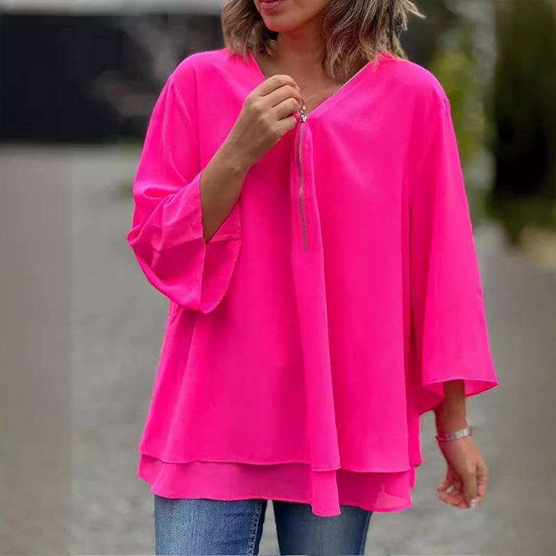 Janine | Flowy Half Zipper Sleeve Blouse