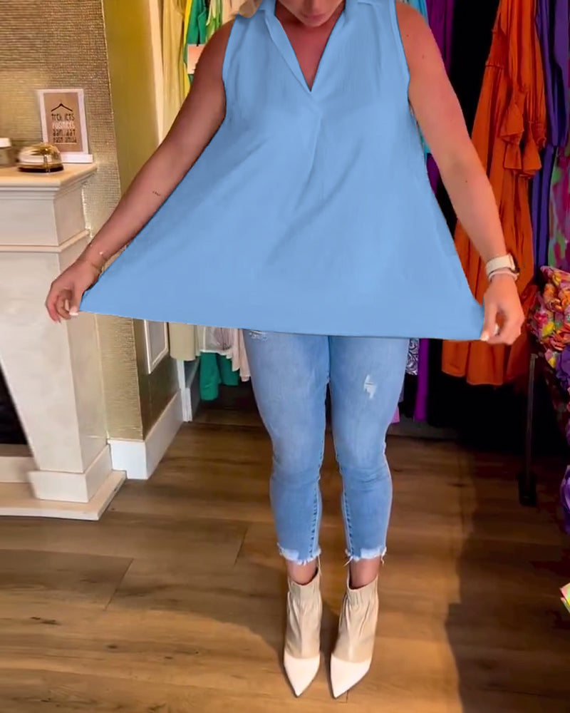 Aven Sleeveless Top with Ruffles and Lapels