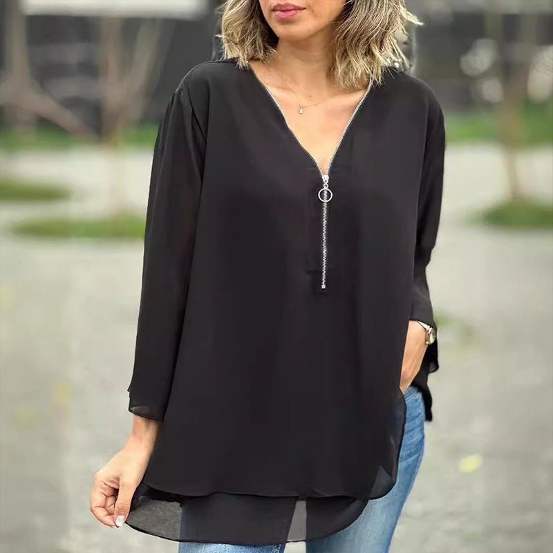Janine | Flowy Half Zipper Sleeve Blouse