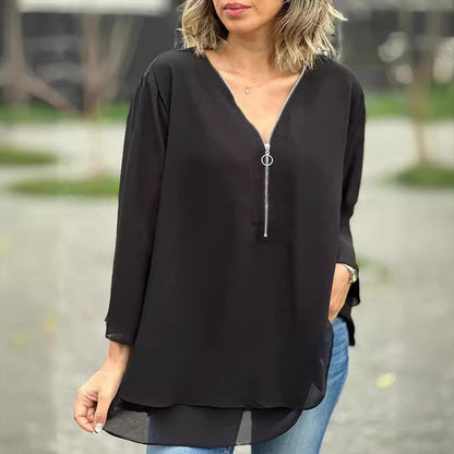 Janine | Flowy Half Zipper Sleeve Blouse