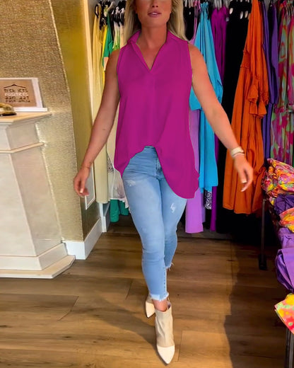 Aven Sleeveless Top with Ruffles and Lapels
