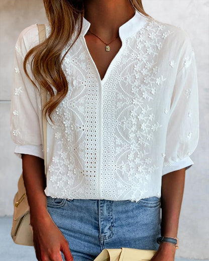 Blouse with V-Neck and Puff Sleeves with Lace Trim