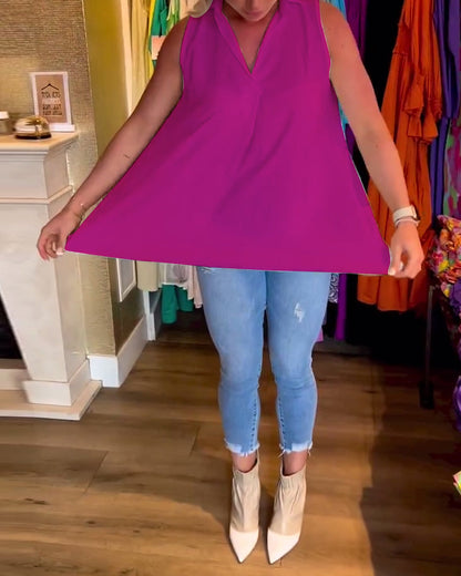 Aven Sleeveless Top with Ruffles and Lapels