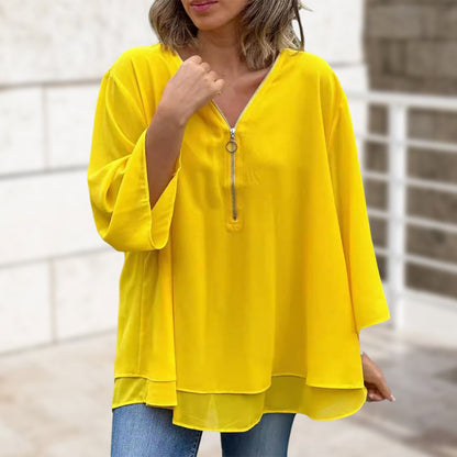 Janine | Flowy Half Zipper Sleeve Blouse