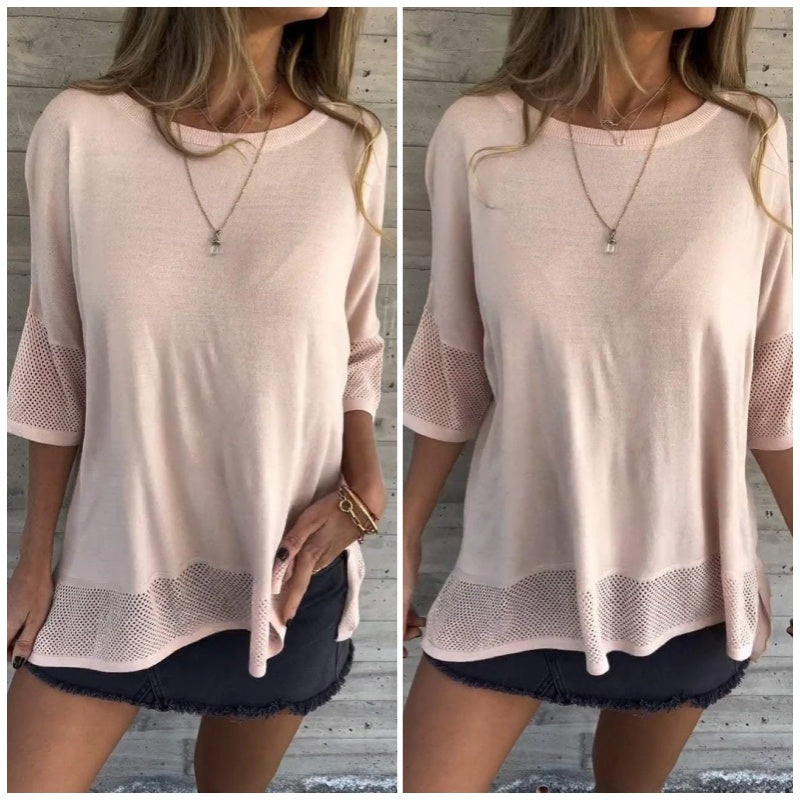 Clarisse Women’s Casual Solid Color Round Neck 3/4 Sleeve T-Shirt