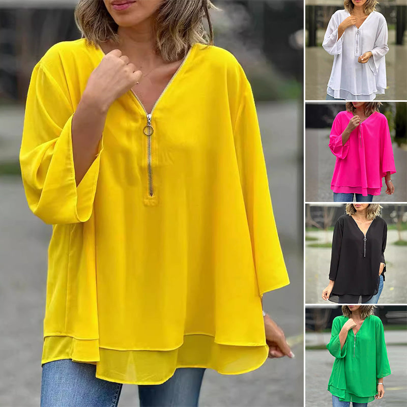 Janine | Flowy Half Zipper Sleeve Blouse
