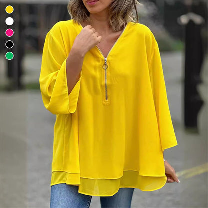 Janine | Flowy Half Zipper Sleeve Blouse