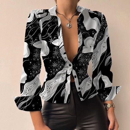 Silvia | V-Neck Printed PU Leather Long Sleeve Patchwork Blouse