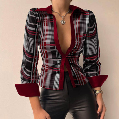 Silvia | V-Neck Printed PU Leather Long Sleeve Patchwork Blouse