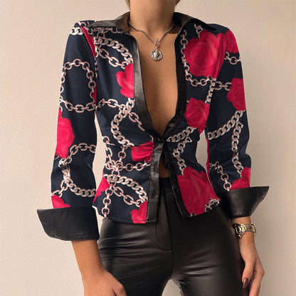 Silvia | V-Neck Printed PU Leather Long Sleeve Patchwork Blouse