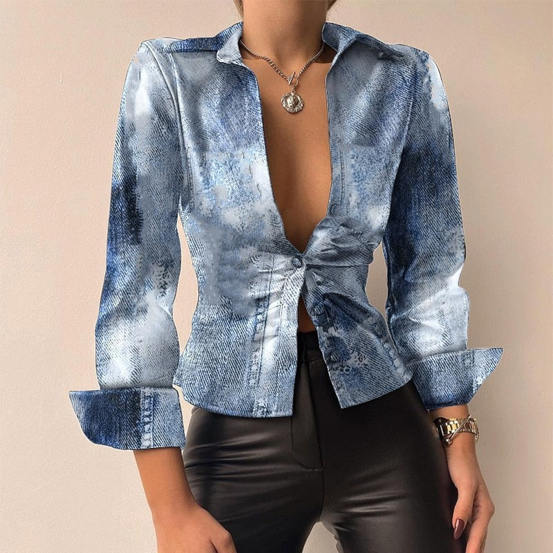 Silvia | V-Neck Printed PU Leather Long Sleeve Patchwork Blouse