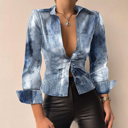 Silvia | V-Neck Printed PU Leather Long Sleeve Patchwork Blouse