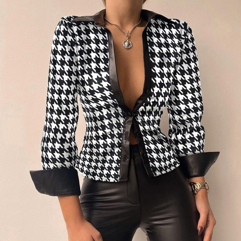 Silvia | V-Neck Printed PU Leather Long Sleeve Patchwork Blouse