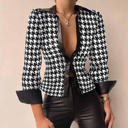 Silvia | V-Neck Printed PU Leather Long Sleeve Patchwork Blouse