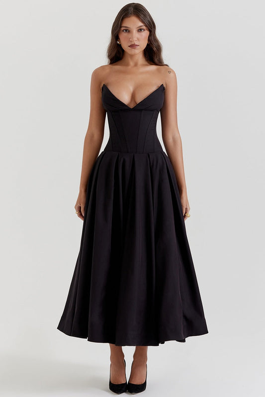 Corset-neck midi cocktail dress | Elegant and sensual evening style