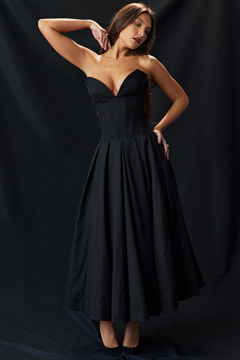 Corset-neck midi cocktail dress | Elegant and sensual evening style