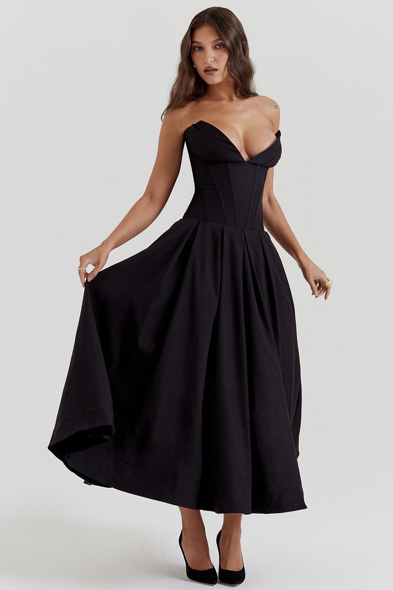 Corset-neck midi cocktail dress | Elegant and sensual evening style