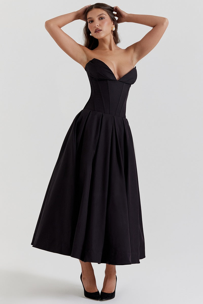 Corset-neck midi cocktail dress | Elegant and sensual evening style