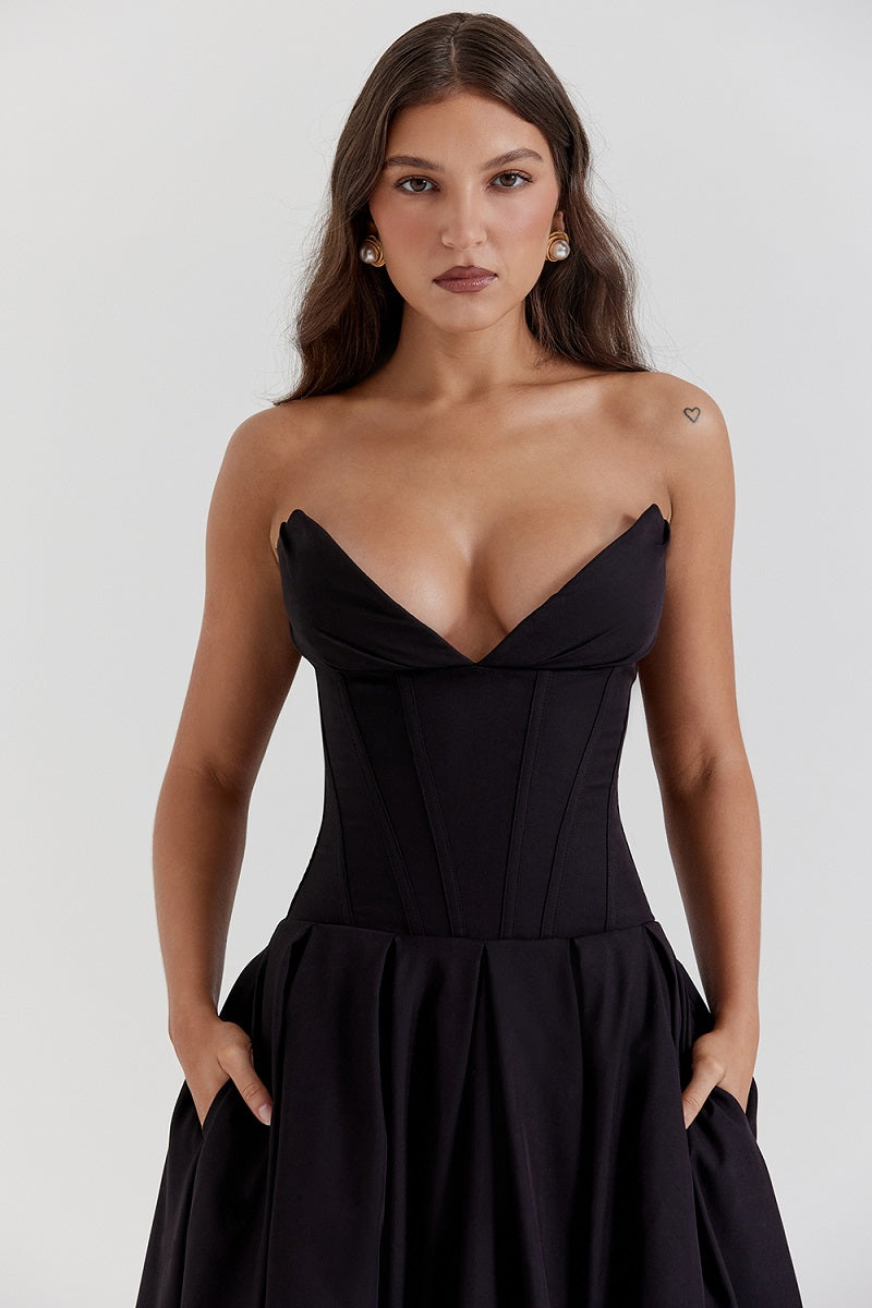 Corset-neck midi cocktail dress | Elegant and sensual evening style