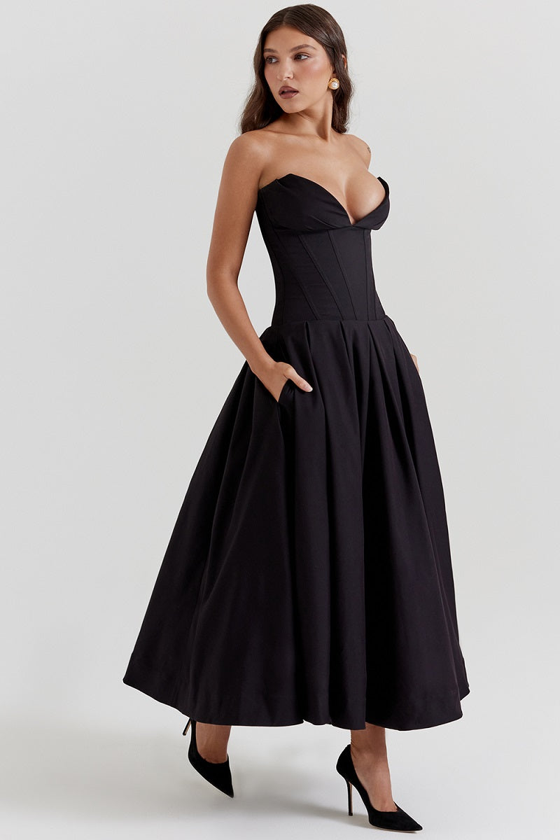 Corset-neck midi cocktail dress | Elegant and sensual evening style
