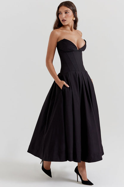 Corset-neck midi cocktail dress | Elegant and sensual evening style