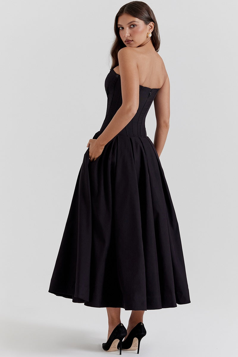 Corset-neck midi cocktail dress | Elegant and sensual evening style