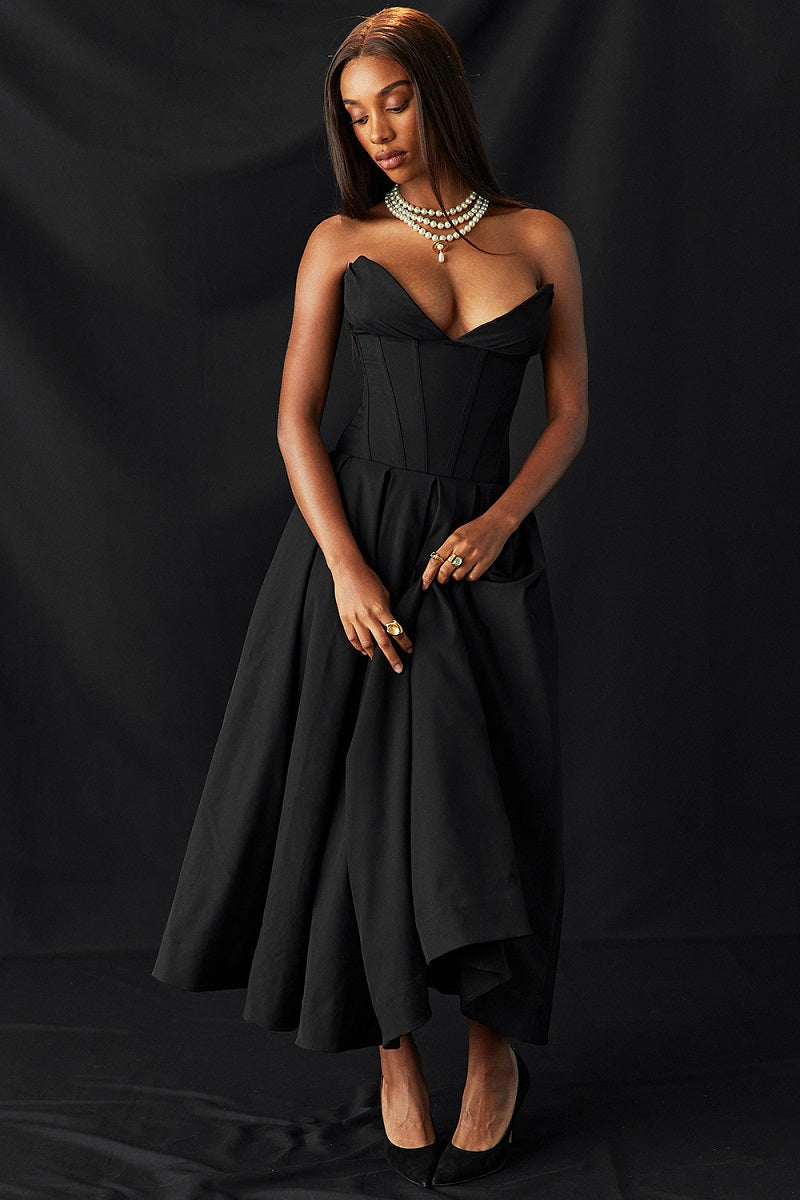 Corset-neck midi cocktail dress | Elegant and sensual evening style