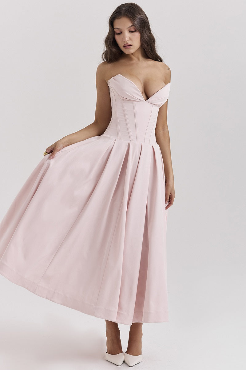 Corset-neck midi cocktail dress | Elegant and sensual evening style
