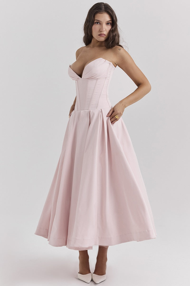 Corset-neck midi cocktail dress | Elegant and sensual evening style
