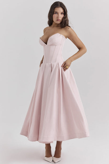 Corset-neck midi cocktail dress | Elegant and sensual evening style