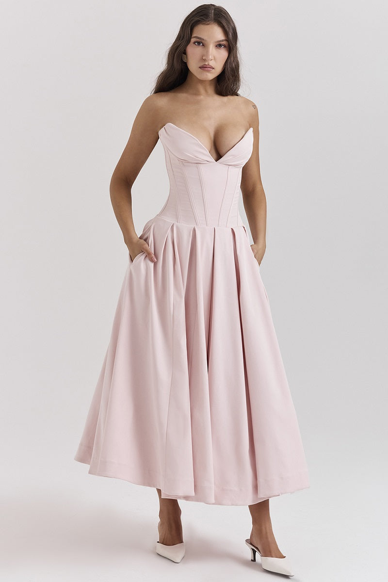Corset-neck midi cocktail dress | Elegant and sensual evening style