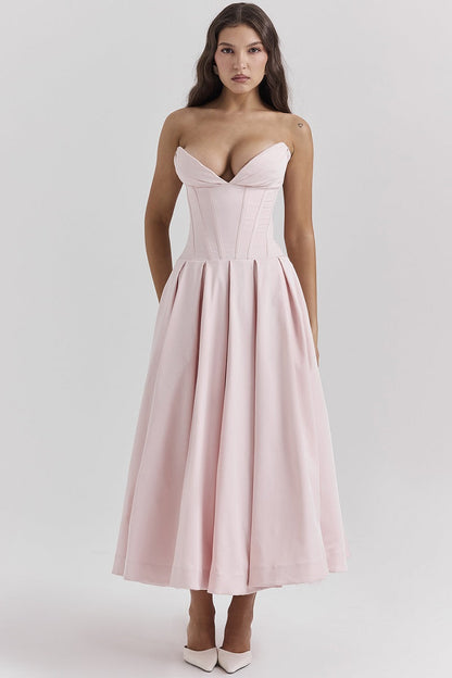 Corset-neck midi cocktail dress | Elegant and sensual evening style