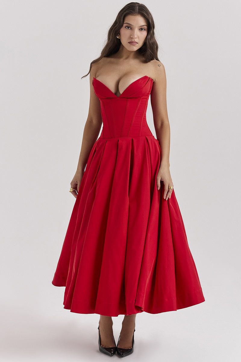 Corset-neck midi cocktail dress | Elegant and sensual evening style