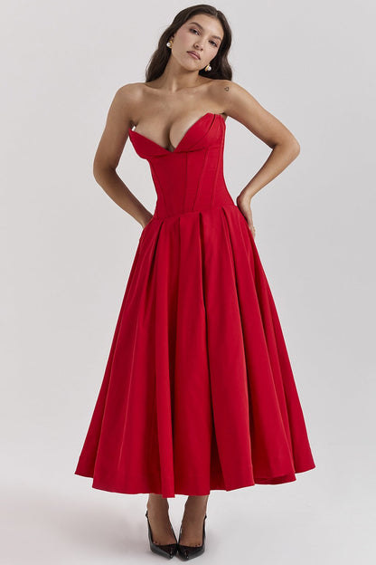 Corset-neck midi cocktail dress | Elegant and sensual evening style