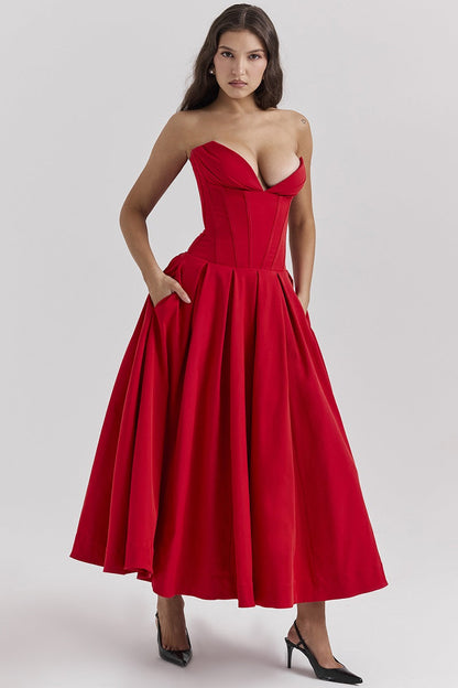 Corset-neck midi cocktail dress | Elegant and sensual evening style