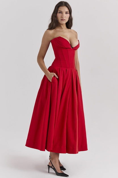 Corset-neck midi cocktail dress | Elegant and sensual evening style